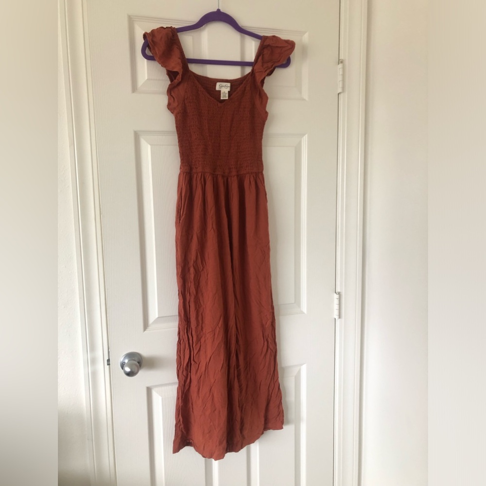 Jessica Simpson Rust Boho Smocked Jumpsuit | Flutter Sleeve Wide Leg Pockets
